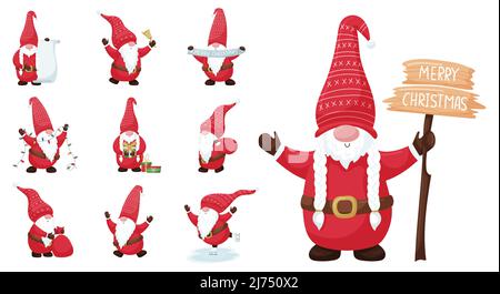 A set of Christmas gnomes in a red suit and a hat. Holding a gift, a garland, a scroll, a bag of gifts, skating. A collection of cute cartoon characte Stock Vector