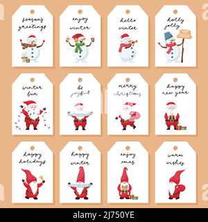 A set of gift tags, labels with cute Christmas characters - Santa, snowman, gnome on a white background and handwritten phrases, congratulations. Temp Stock Vector