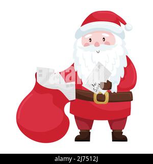 Cute cartoon Christmas Santa in a red suit and hat holds a bag of letters for Santa. Santa Claus is smiling. Adorable character in a flat style. Isola Stock Vector