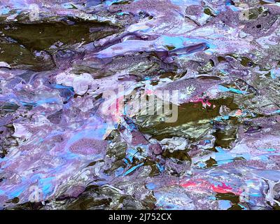 artists oil paints on wooden palette. macro artist's palette, texture mixed oil paints in different colors and saturation. art palette background Stock Photo