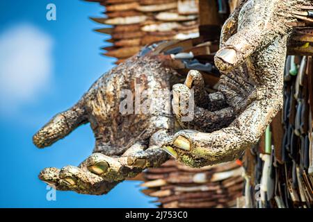 Northampton, UK - May 5, 2022: Knife Angel sculpture displayed outside The Parish Church Of All Saints