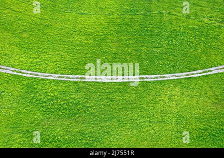 Unpaved countryside road across green field, drone view from above Stock Photo
