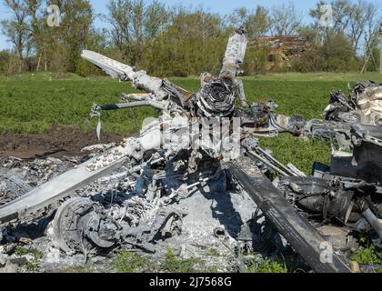 A Russian Helicopter shot down in Malaya Rohan, near Kharkiv, Ukraine, on May 5, 2022. Russian military forces entered Ukraine territory on Feb. 24, 2022. (Photo by Collin Mayfield/Sipa USA)