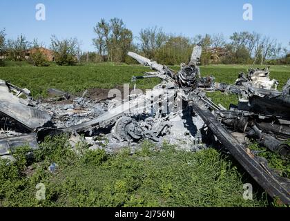 A Russian Helicopter shot down in Malaya Rohan, near Kharkiv, Ukraine, on May 5, 2022. Russian military forces entered Ukraine territory on Feb. 24, 2022. (Photo by Collin Mayfield/Sipa USA)