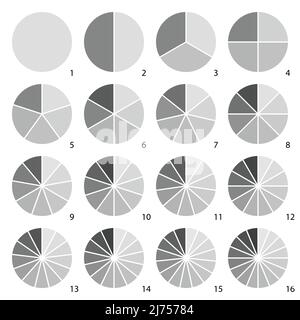 Set of grey round graphic pie charts icons. Segment of circle infographic collection Stock Vector