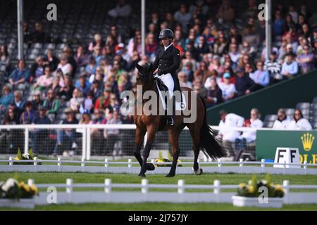 Badminton, UK. 6th May 2022, Badminton Estate, Badminton, England; Mars Equestrian Badminton Horse Trials, day 3;  Dom Schramm riding BOLYTAIR B during the dressage test on day three of the 2022 Badminton Horse Trials Credit: Action Plus Sports Images/Alamy Live News Stock Photo