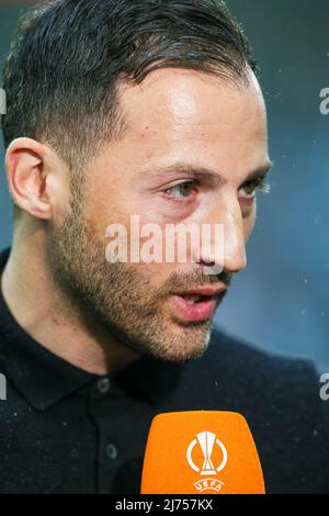 DOMENICO TEDESCO, manager / coach of RS Leipziga German football team currently in the Bundesliga. Tedesco is being interviewed prior to he UEFA semif Stock Photo