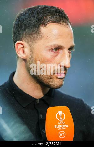 DOMENICO TEDESCO, manager / coach of RS Leipziga German football team currently in the Bundesliga. Tedesco is being interviewed prior to he UEFA semif Stock Photo