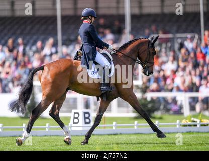 Badminton, UK. 6th May 2022, Badminton Estate, Badminton, England; Mars Equestrian Badminton Horse Trials, day 3;  Laura Collett riding LONDON 52 during the dressage test on day three of the 2022 Badminton Horse Trials Credit: Action Plus Sports Images/Alamy Live News