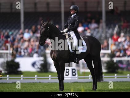 Badminton, UK. 6th May 2022, Badminton Estate, Badminton, England; Mars Equestrian Badminton Horse Trials, day 3;  Rosie Fry riding TRUE BLUE TOO during the dressage test on day three of the 2022 Badminton Horse Trials Credit: Action Plus Sports Images/Alamy Live News Stock Photo