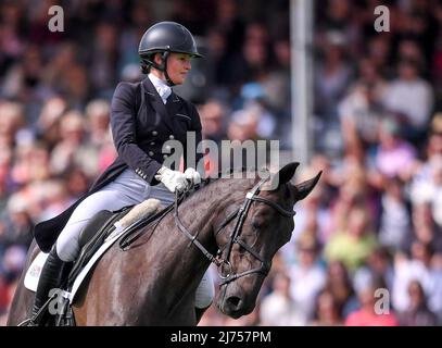 Badminton, UK. 6th May 2022, Badminton Estate, Badminton, England; Mars Equestrian Badminton Horse Trials, day 3;  Rosie Fry riding TRUE BLUE TOO during the dressage test on day three of the 2022 Badminton Horse Trials Credit: Action Plus Sports Images/Alamy Live News Stock Photo