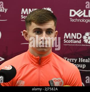 Tynecastle Park Edinburgh.Scotland UK .6th May 22. Hearts' striker Ben Woodburn Press Conference for Cinch Premiership Match  v Celtic Stock Photo