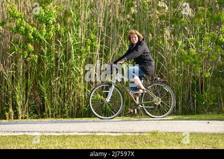 Middle age woman pedaling a bicycle on scenic trails and pathways in Gulf State Park, along coastline community of Gulf Shores, Alabama, USA Stock Photo