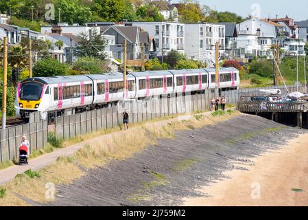 Chalkwell, Southend on Sea, Essex, UK. 6th May, 2022. Train operator c2c has run a test run of a brand-new Alstom (formerly Bombardier) Class 720 Aventra electric multiple unit train on their London Fenchurch Street to Shoeburyness railway line. The 12 trains on order, each of 5 carriages, and built in Alstom’s Derby factory, are planned to be in service by the end of 2022 to replace the Class 387 used on the route and serve alongside the operator’s current Class 357 trains. Seen passing alongside the Thames Estuary near Chalkwell. c2c is owned by Trenitalia Stock Photo