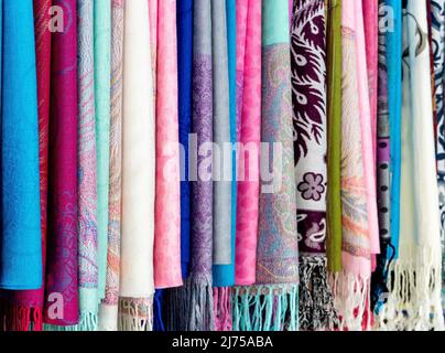Various fabric patterns and various colors in the souvenir shop Stock Photo