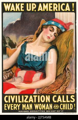 An early 20th century American poster  from World War One, 1914-1918, showing a woman dressed in Stars & Stripes, symbolizing America asleep. The artist is James Montgomery Flagg. (1877-1960) Stock Photo