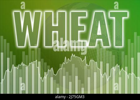 Price change on trading Wheat futures on green finance background from graphs, charts, columns, globe map. Trend up and down. Financial derivatives ma Stock Photo