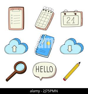 A set of colored doodle icons with a notepad, notebook, calendar, pencil, magnifying glass, cloud. Business symbols. Hand-drawn colorful vector illust Stock Vector