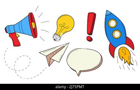 A set of colored doodle business, startup icons. Horn, rocket, light bulb, paper airplane, exclamation mark, speech bubble. Hand-drawn colorful vector Stock Vector