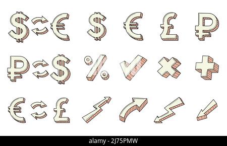 A set of colored doodle business, icons. Currency exchange symbols, ruble, dollar, euro, pound, arrows. The growth and fall of the currency. Hand-draw Stock Vector