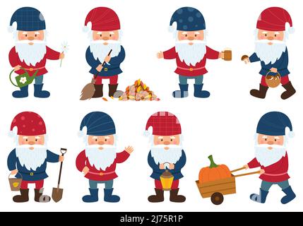 A collection of little gnomes with beards and caps hold a lantern, a bucket, a basket of mushrooms, sweeps fallen leaves, carries a pumpkin. Small dwa Stock Vector