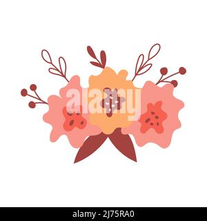 A simple floral arrangement with abstract yellow and pink flower buds, leaves and twigs. Vector botanical illustration isolated on a white background Stock Vector