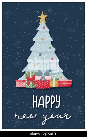 Christmas greeting card. Decorated Christmas tree with star and gifts on a dark background with snowflakes. Hand lettering - Happy New Year. Cute flat Stock Vector
