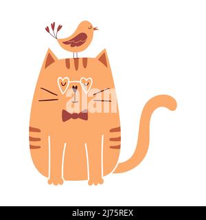 Cute cartoon cat with a bird on his head and a bow sits and smiles. Simple childish characters for Valentine's day cards. Vector illustration isolated Stock Vector