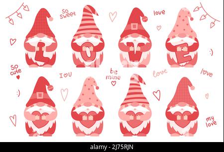 Collection of small paunchy dwarfs in pink, red clothes and hats who hold hearts and letters LOVE in their hands. Cute little gnomes, cartoon characte Stock Vector