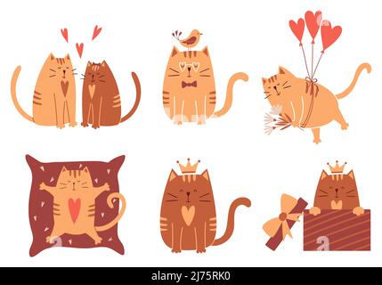 Set with cute cartoon cats. Cats in love, flying on balloons, sitting in a gift box, lying on a pillow. Happy characters for Valentine's day cards.Col Stock Vector