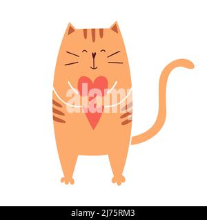 A cute cartoon cat holds a heart in its paws and smiles. Happy, adorable character for Valentine's day cards. Vector illustration isolated on a white Stock Vector