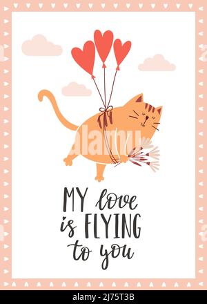 A greeting card with a cute cat flying on heart-shaped balloons and holding flowers in its paws. The handwritten phrase Love is in the air. Cartoon Stock Vector