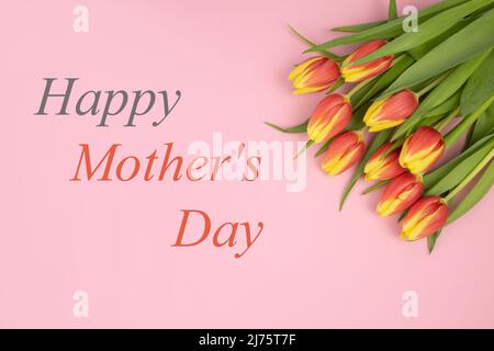 Tulips are yellow-red, on a pink background and the text HAPPY MOTHER'S DAY. Stock Photo