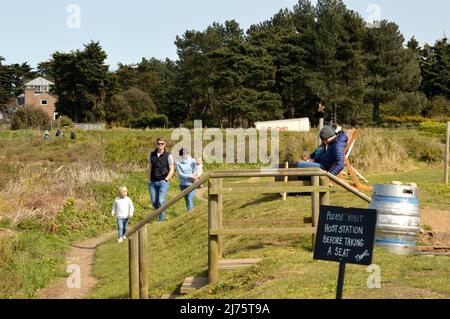 Brancaster Staithe, Norfolk, UK - 18 April 2021: Overlooking mud flats during covid, norfolk Stock Photo