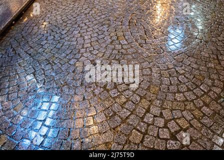 Paris, France, Detail, Cobbled Stone Street Scene in Old Town Center, Le Montorgueil Neighborhood, at Night after Rain Stock Photo