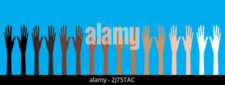 Horizontal banner. 8 pairs of hands raised up. Hands of different races and skin colors reach up. Palms up. Handbreadths with spread fingers. Body par Stock Vector