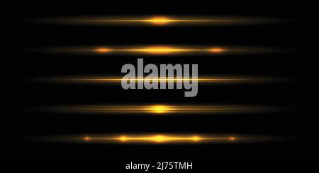 Set of golden lens flares. Glow light effect on black background Stock Vector