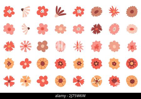 A set of simple botanical elements. Flower buds in childish style. Boho colors. Flat vector illustrations isolated on a white background Stock Vector