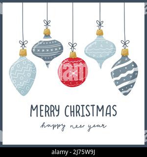 A greeting card. Christmas toys with hand-drawn patterns and ornaments and hand-written words Merry Christmas and New Year. White background. Color ve Stock Vector
