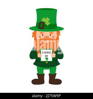 A dwarf with a red beard and a green hat with a clover is holding a sign with the words St. Patrick's Day. A postcard with a little gnome. Cute cartoo Stock Vector