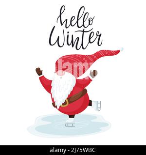A postcard with a cute Christmas gnome in a red hat skating on an ice rink. Hand lettering phrase - Hello winter. A simple cartoon color vector illust Stock Vector