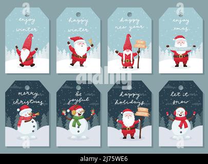 A set of gift tags, cards, labels with cute cartoon characters on the background of a winter forest and handwritten inscriptions. Santa, snowman, dwar Stock Vector