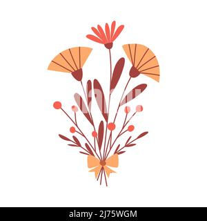 A simple floral arrangement with flowers and a bow. A bouquet with abstract yellow and red flowers, twigs and berries. Vector botanical illustration i Stock Vector