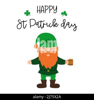 A little gnome with a red beard and a green hat with a clover is holding a mug of beer. A postcard with small dwarf and the words Happy St. Patrick's Stock Vector