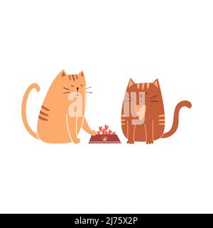 Cute cartoon cat moves a bowl with hearts to another cat. Happy, charming cats characters for Valentine's day cards. Vector illustration isolated on a Stock Vector