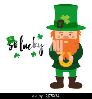 A little dwarf with red beard and green hat with a clover is holding a horseshoe in his hands. A postcard with small dwarf and the words So lucky. Car Stock Vector