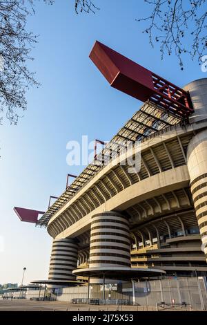 The San Siro football stadium is the home stadium of both Inter Milan and AC Milan football clubs in Milan, Italy. Stock Photo