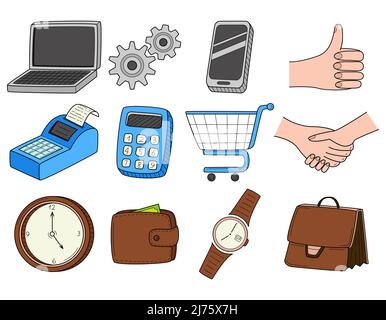 A set of colored doodle business icons. Laptop, calculator, cash register, wristwatch, briefcase, wallet, handshake, grocery cart. Hand-drawn color ve Stock Vector