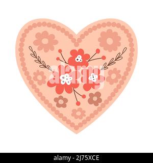 Flower heart in boho style. Valentine card with floral elements for Valentine's Day. A symbol of love. Vector illustration isolated on a white backgro Stock Vector