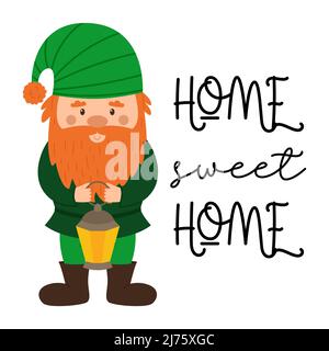 A small dwarf with a red beard and a green striped hat holds a lantern in his hands. A postcard with small dwarf and the words Home sweet home. Card w Stock Vector